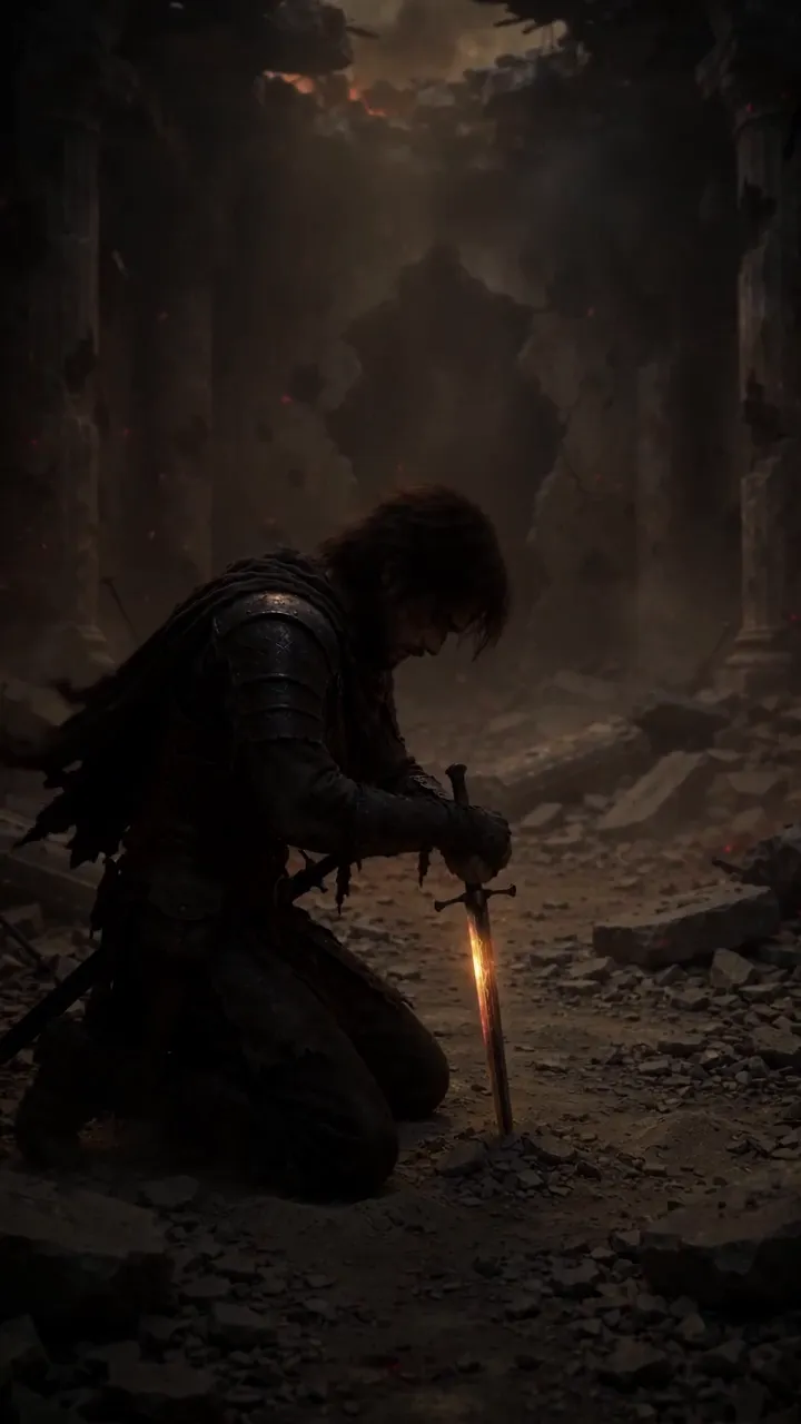 Arin holding a flaming sword in ruins from the AI short film THE LAST FLAME