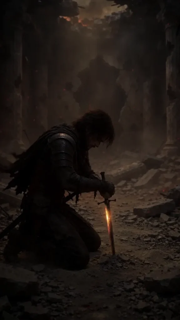 Arin holding a flaming sword in ruins from the AI short film THE LAST FLAME