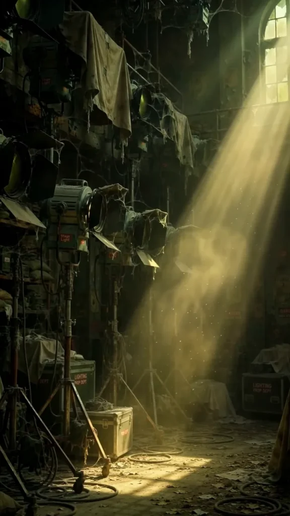 AI-generated abandoned film studio with covered professional lights and a single shaft of daylight