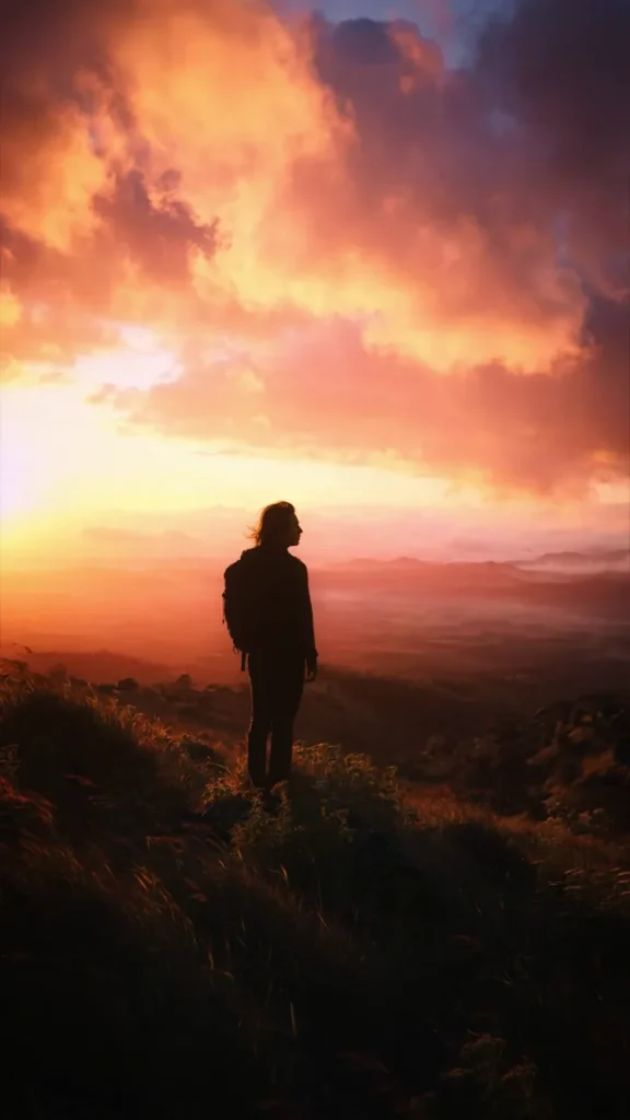 AI-generated silhouette of a lone figure on a hilltop against a bright blown-out sky
