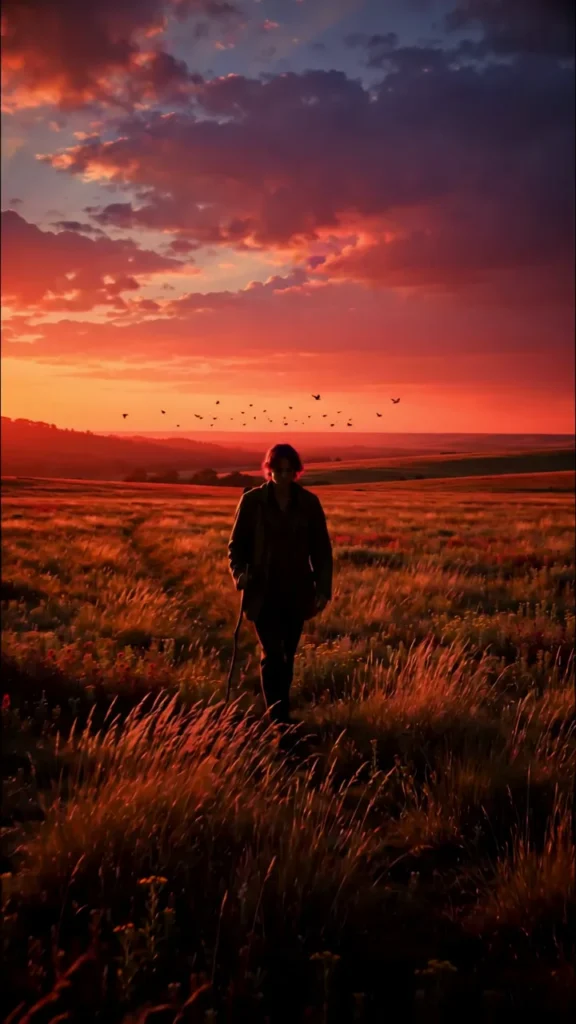 AI-generated wide shot of a tiny figure walking across a plain at magic hour, in the style of Digger's VistaVision cinematography