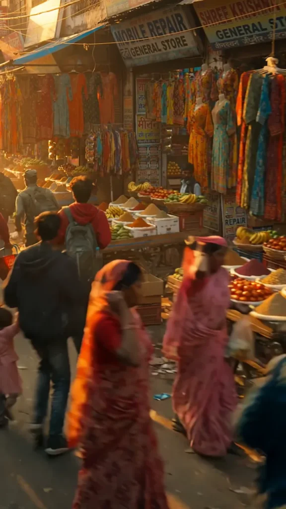 AI-generated chaotic street crowd backlit by golden sunlight with glowing dust