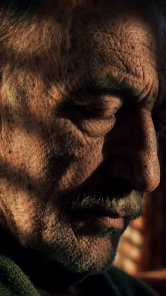 AI-generated close-up portrait with half a man's face lit by warm window light and half in shadow