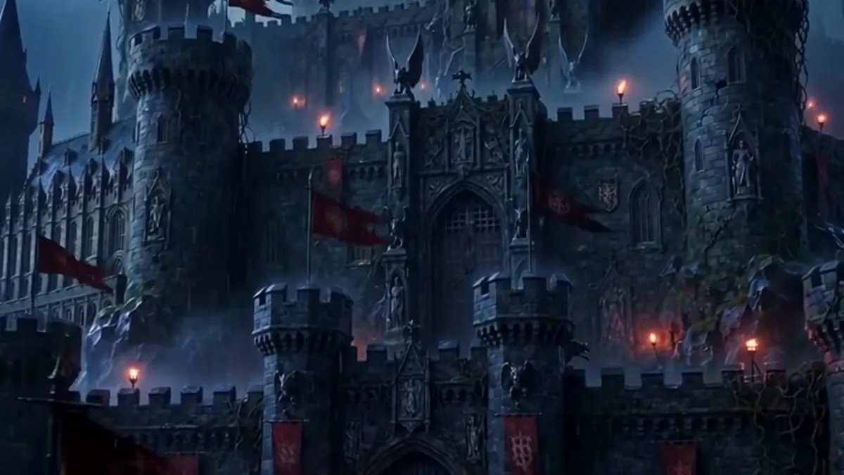 Stormy burning castle from the AI short film THE LAST FLAME