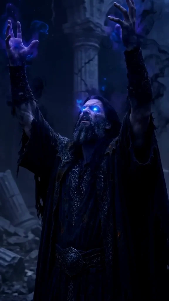 AI-generated sorcerer Kael with glowing blue eyes from the fantasy short film THE LAST FLAME