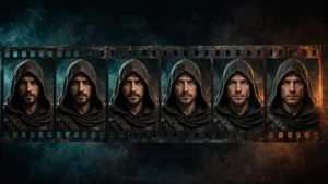 Film strip showing an AI character's face drifting between frames