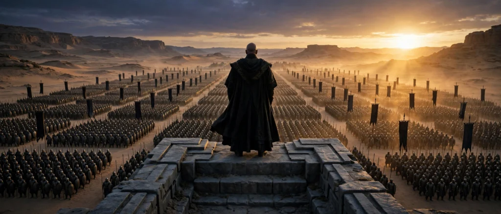 Paul Atreides stands on a high stone platform above a massed army at dusk