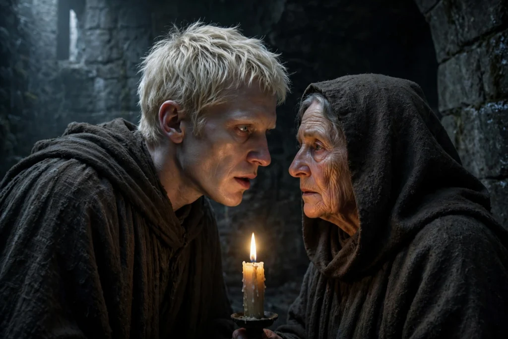 Scytale whispers a conspiracy to Reverend Mother Mohiam by candlelight in a shadowed stone chamber