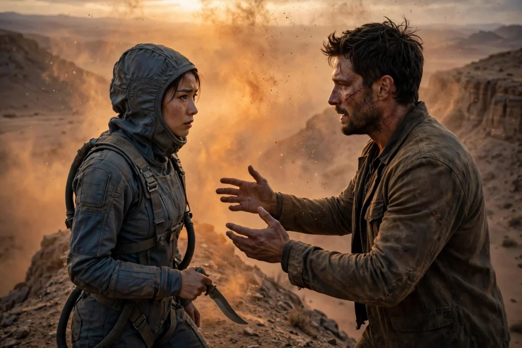 Chani and Paul face each other in a spice-orange haze on a desert ridge at dusk