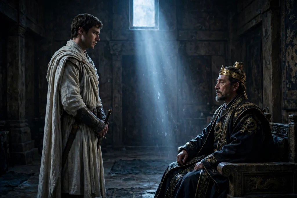 Hayt, a warrior in pale robes, stands before the seated Emperor Paul in a dim hall, cold light falling between them