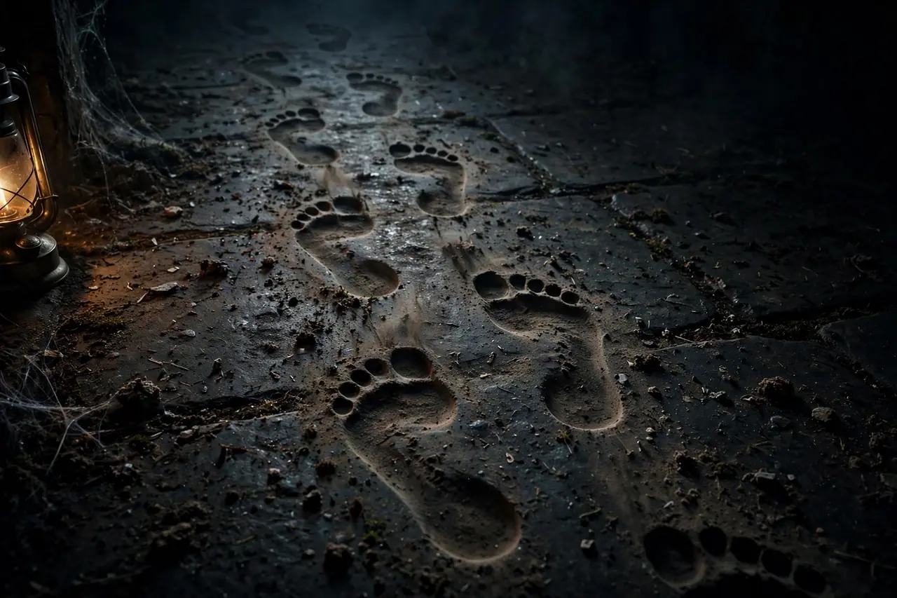 AI-generated still of backward-pointing footprints on a dark floor lit by an oil lamp, Nayyi Navelli folk-horror style