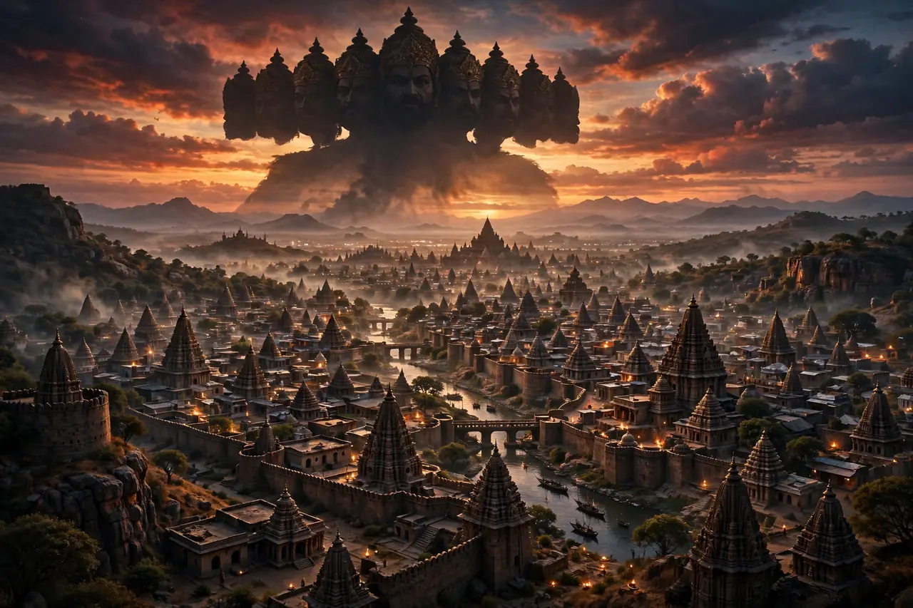 AI-generated mythic vista of an ancient Indian kingdom with a colossal demon-king silhouette at dusk, Nayyi Navelli Treta Yuga style
