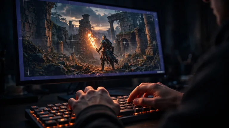 Writing a cinematic AI video prompt on a backlit keyboard