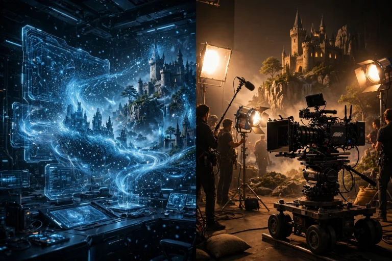 Split image of AI video generation versus a traditional film set