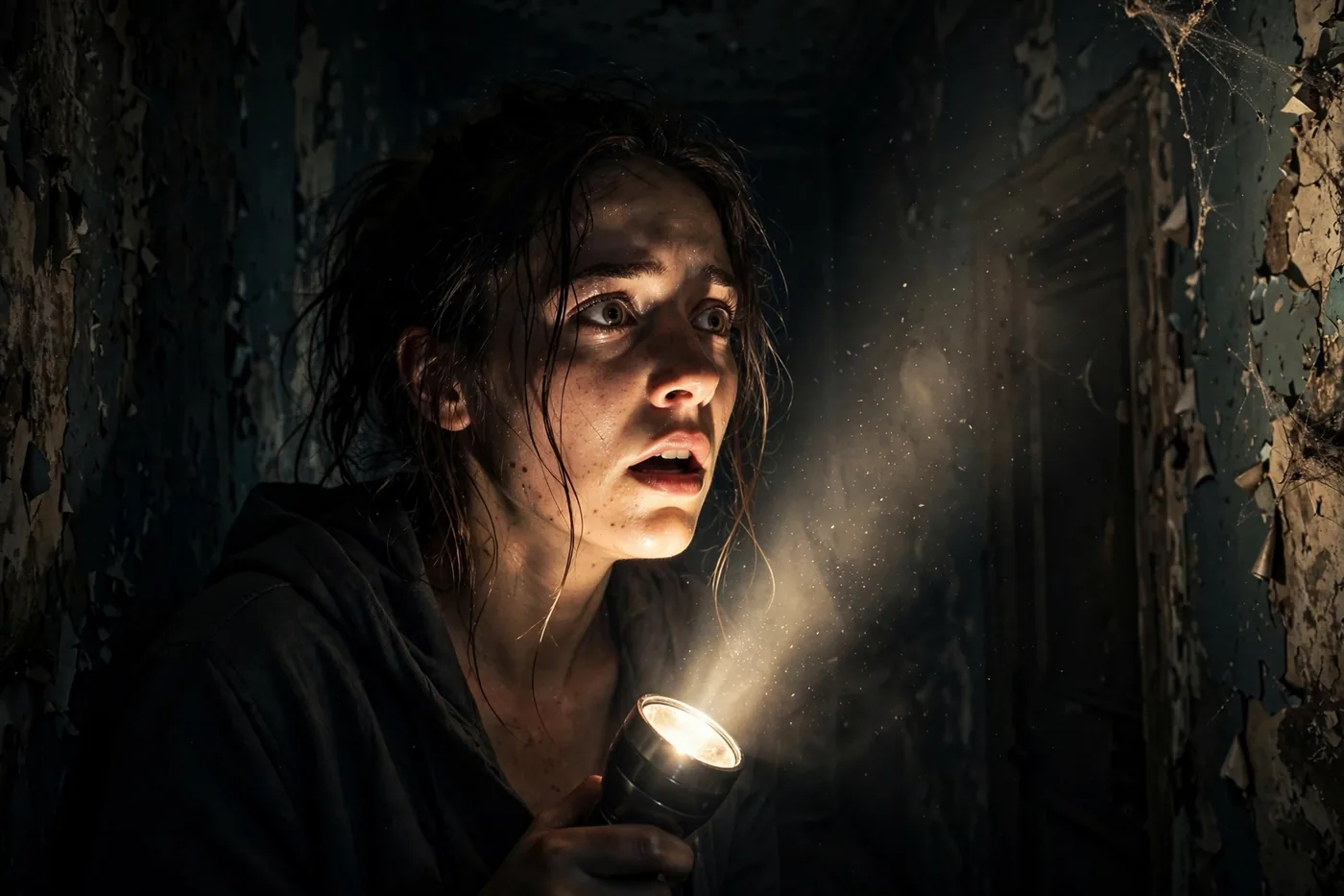 AI-generated shot of a woman holding a flashlight in a pitch-black hallway, her scared face lit from below