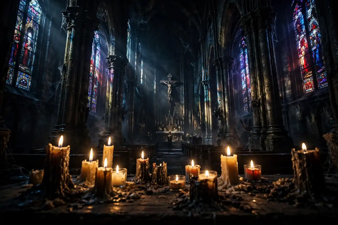 AI-generated wide shot of a tiny priest at an altar beneath a towering crucifix, colored light from stained glass