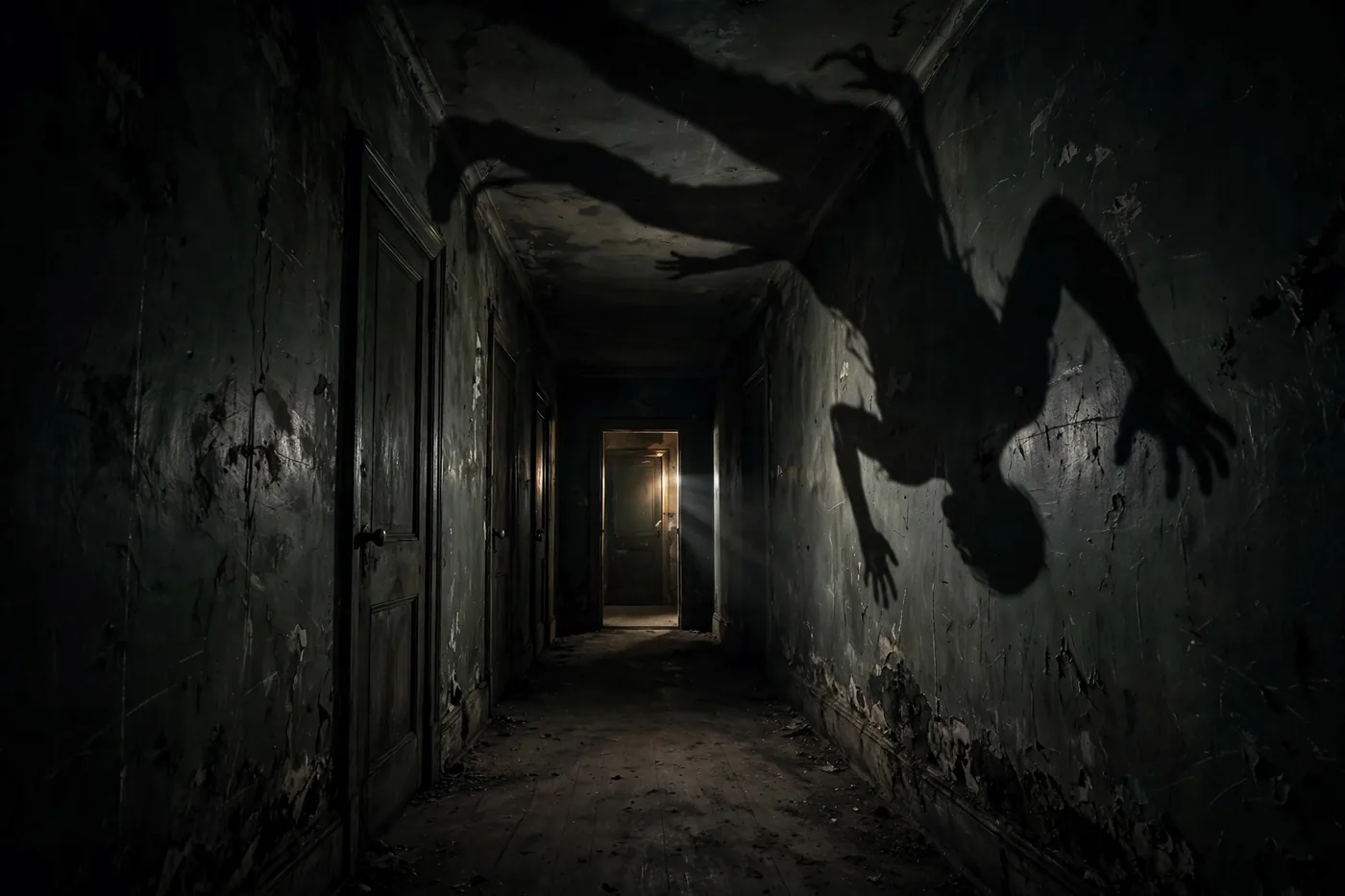 AI-generated disturbing shot of an inverted human shadow cast upside down across a dark hallway wall