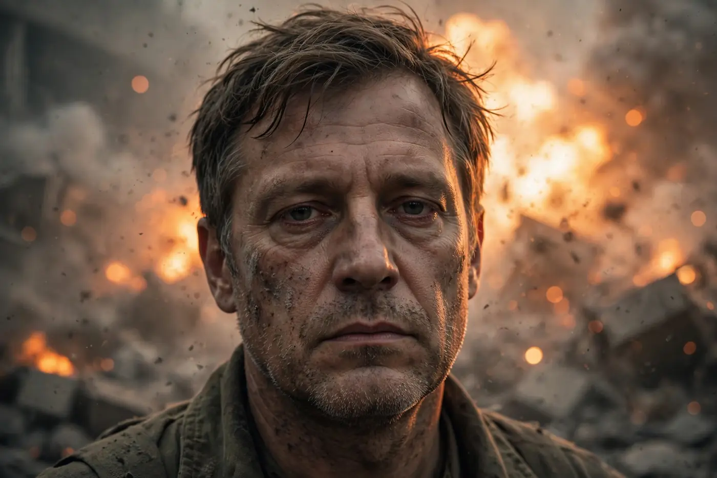 AI-generated close-up of a man's completely unimpressed face while chaos blurs behind him