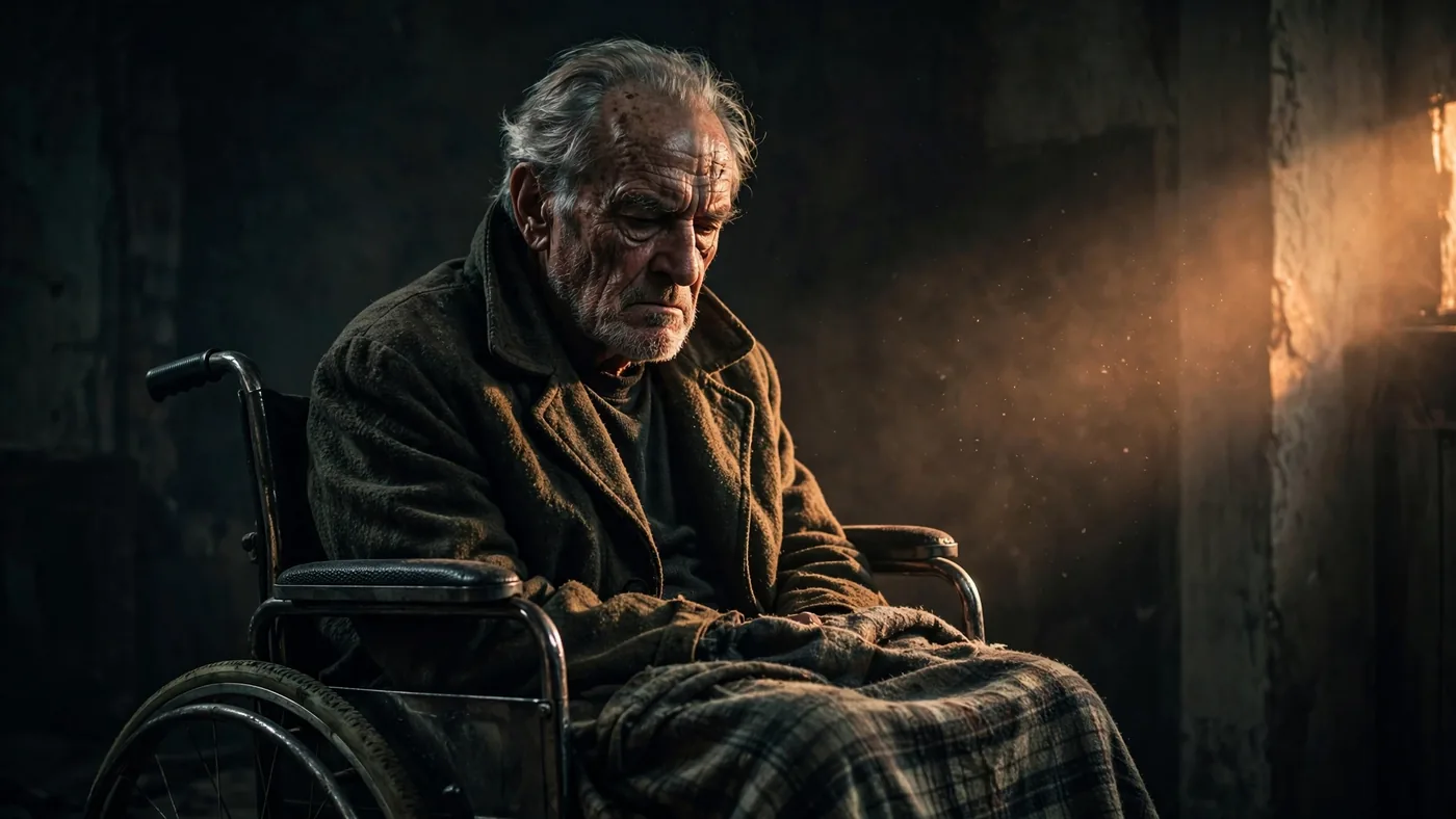 AI-generated dramatic portrait of an older man seated in a wheelchair in a dark room, single hard light