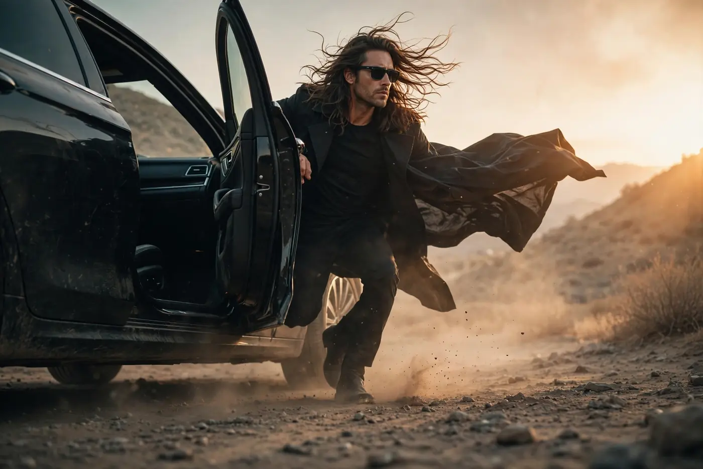 AI-generated shot of a long-haired man in sunglasses stepping out of a black car, low angle