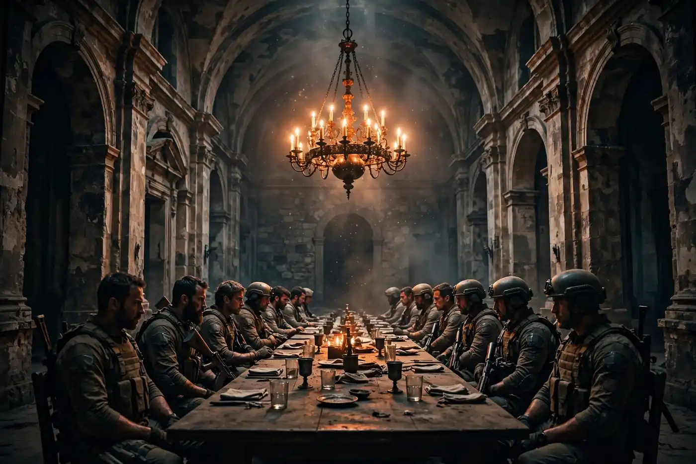 AI-generated symmetrical wide shot of a grand hall with armed figures facing each other across a long table