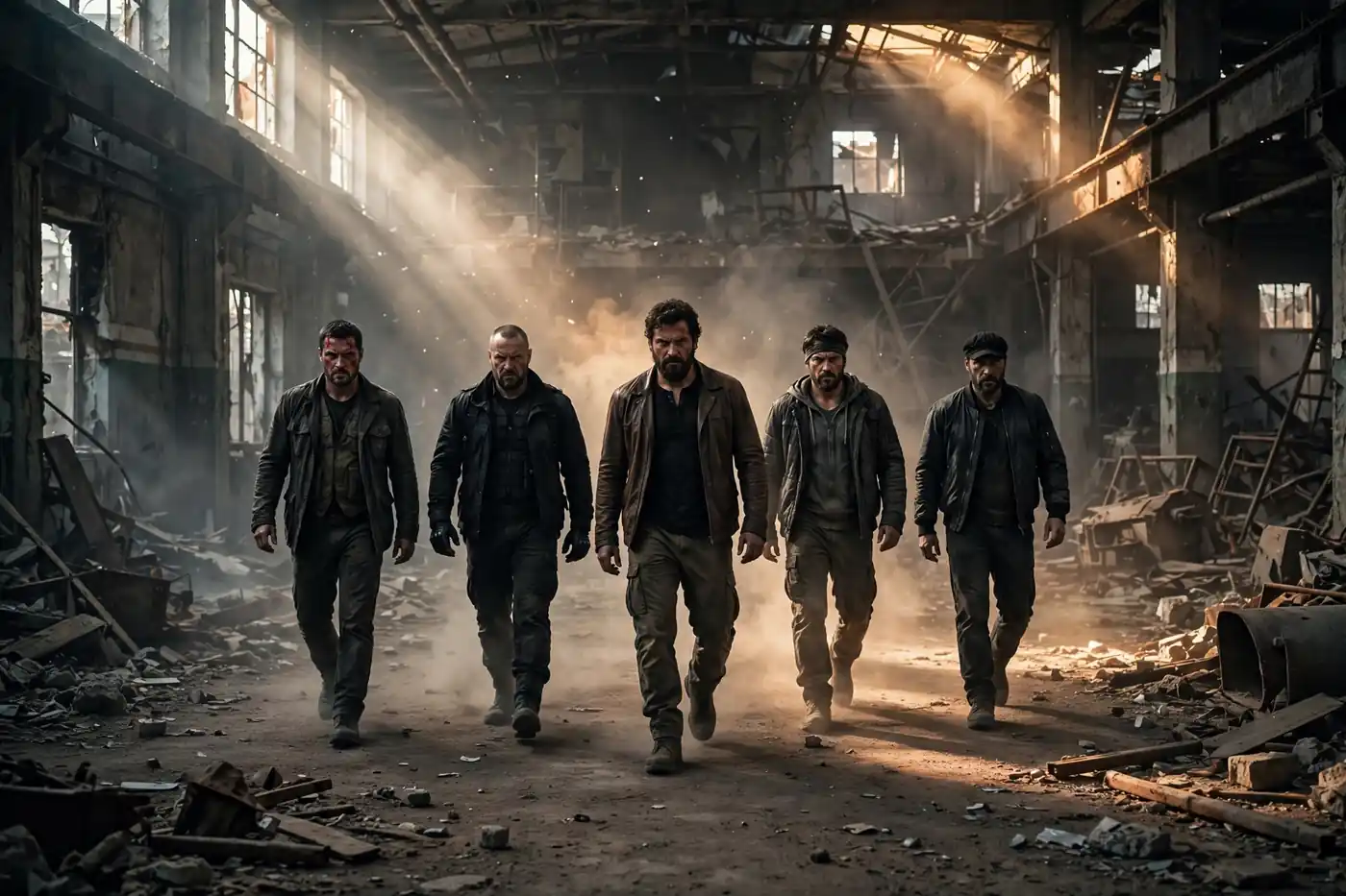 AI-generated slow-motion shot of several menacing men walking toward camera in a dusty industrial space