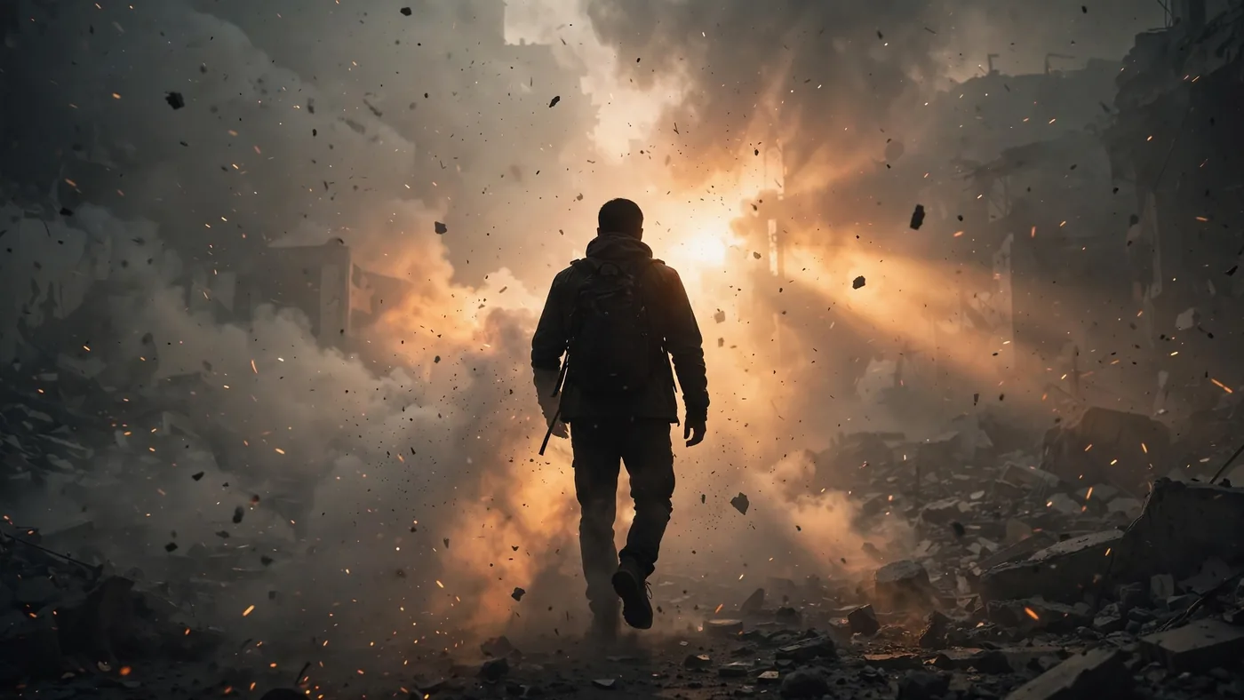 AI-generated shot of a silhouetted figure walking through thick smoke and debris, backlit