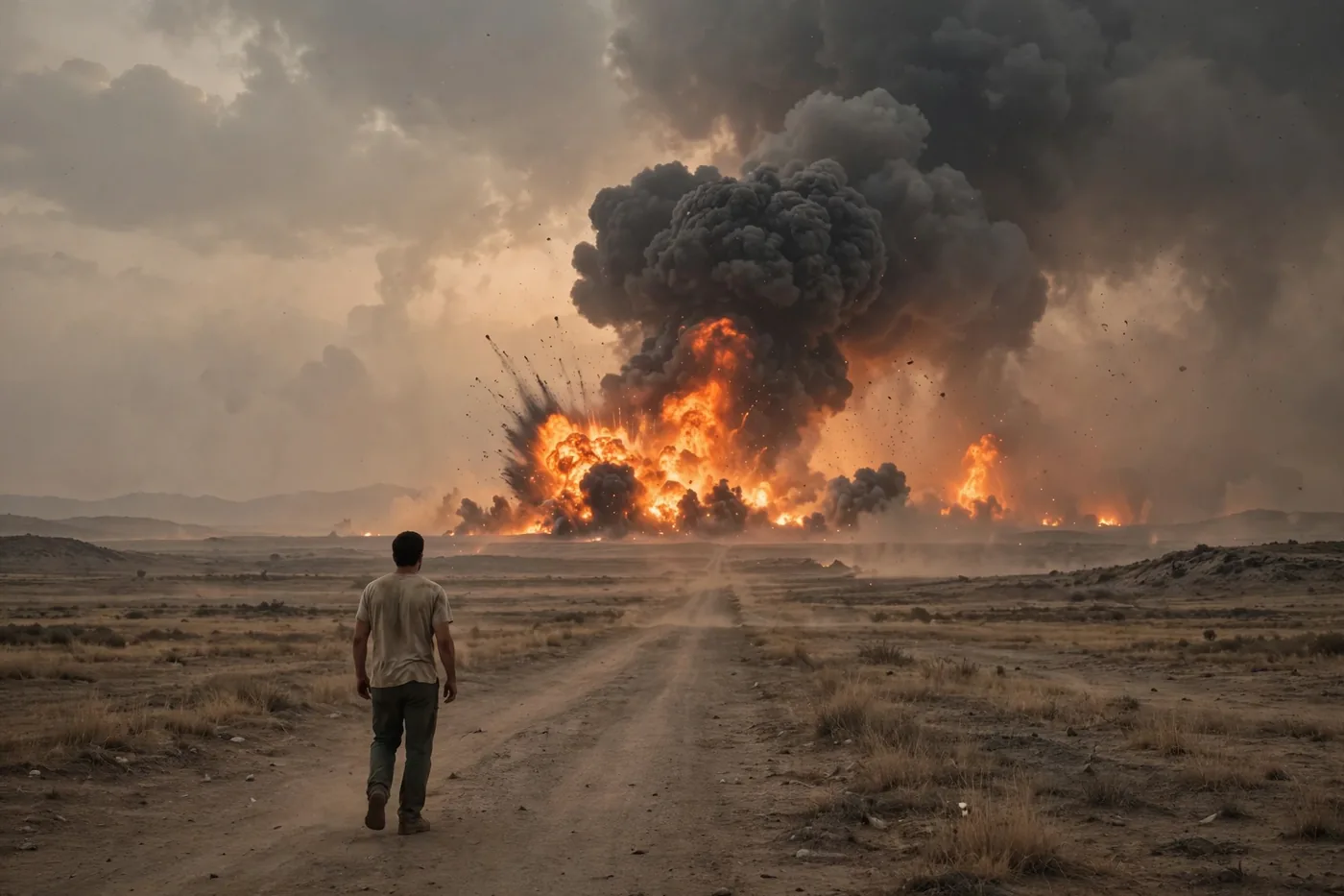 AI-generated wide shot of a man in a shirt walking away from a massive explosion behind him without looking back