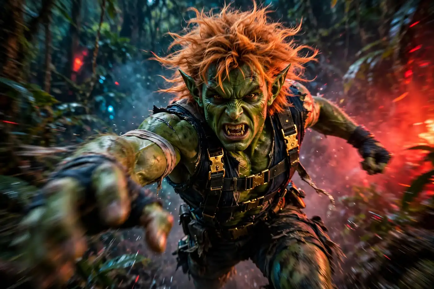 AI-generated dynamic shot of a feral green-skinned fighter lunging forward with wild hair, motion blur