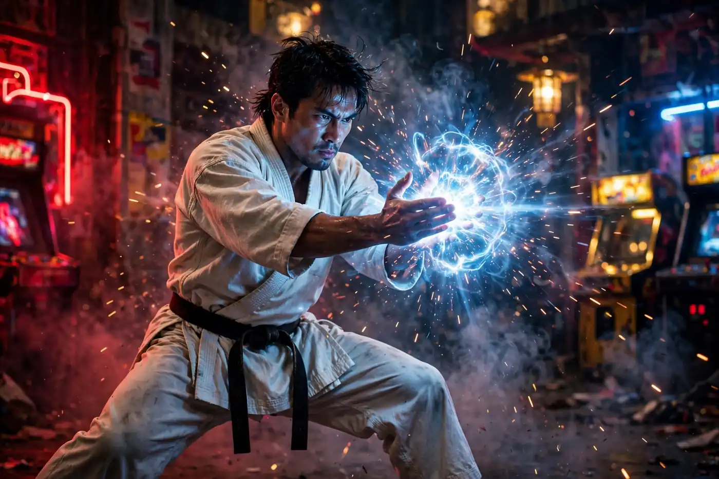 AI-generated shot of a martial artist thrusting glowing energy from cupped hands, blue-white light