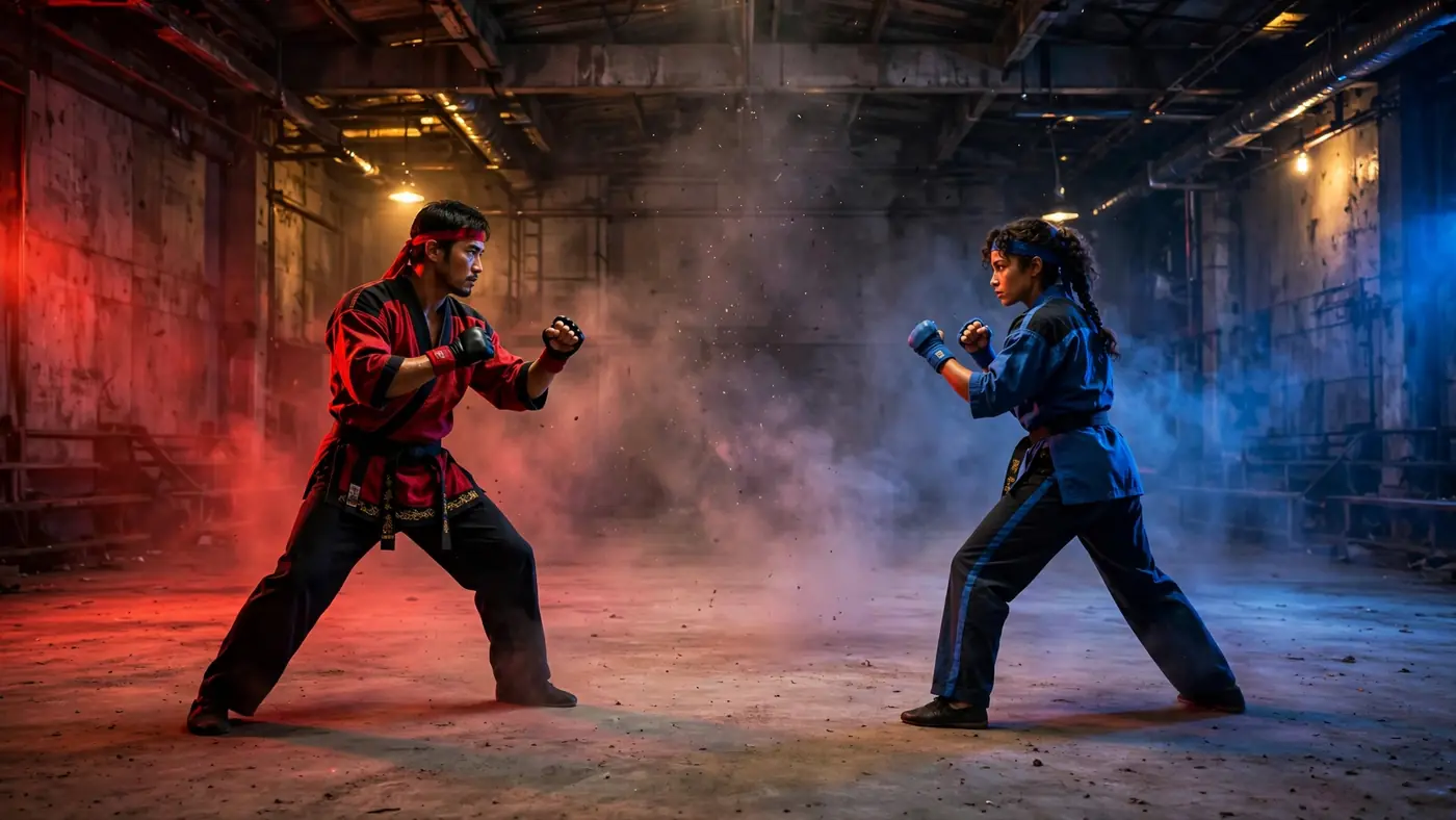 AI-generated wide shot of two martial artists facing each other across an empty arena floor, dramatic lighting